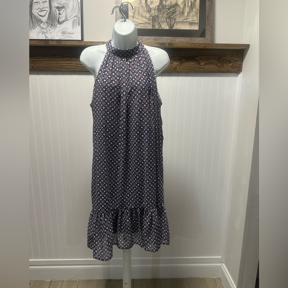 Leslie Fay Navy Halter Midi Dress Geometric Pattern Sz 16 EUC summer